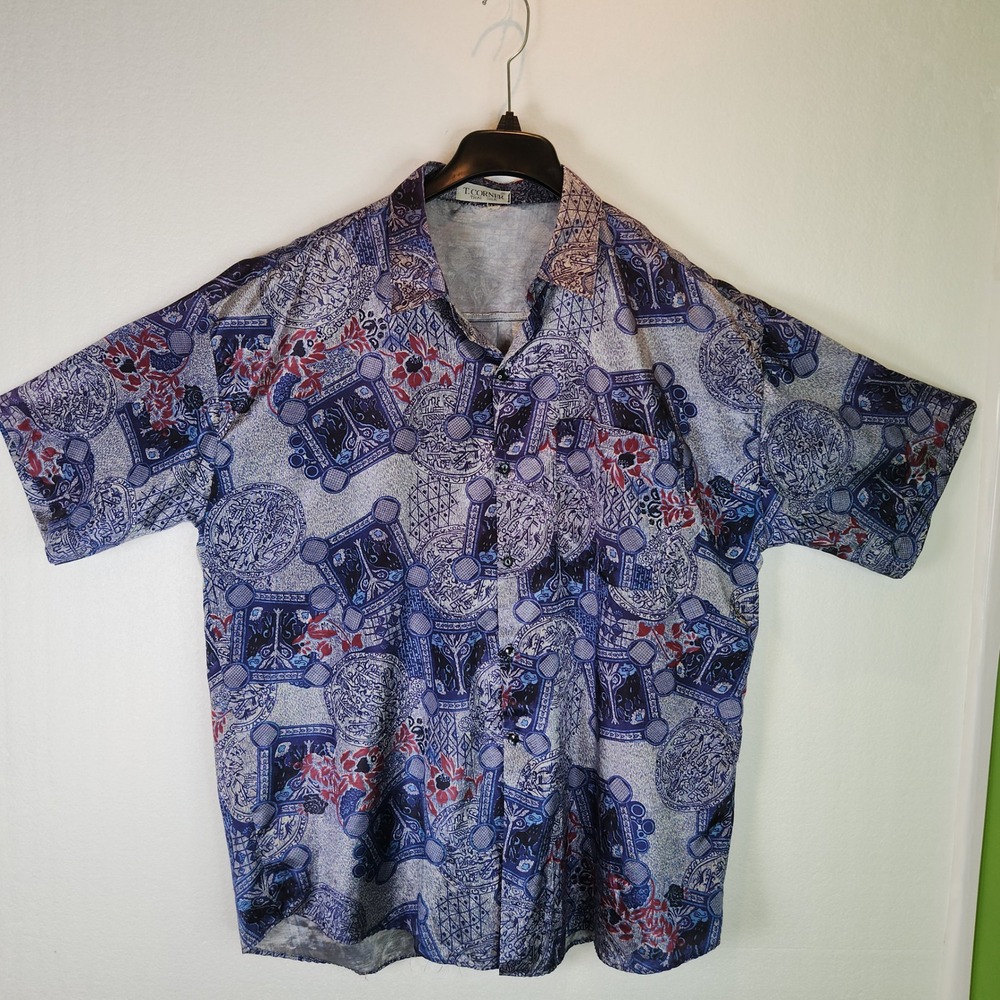 T. Corner Thai Silk Mens 90s Vintage Camp Collar Short Sleeve Button Shirt XL